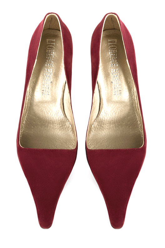 Burgundy red women's dress pumps,with a square neckline. Pointed toe. Very high spool heels. Top view - Florence KOOIJMAN